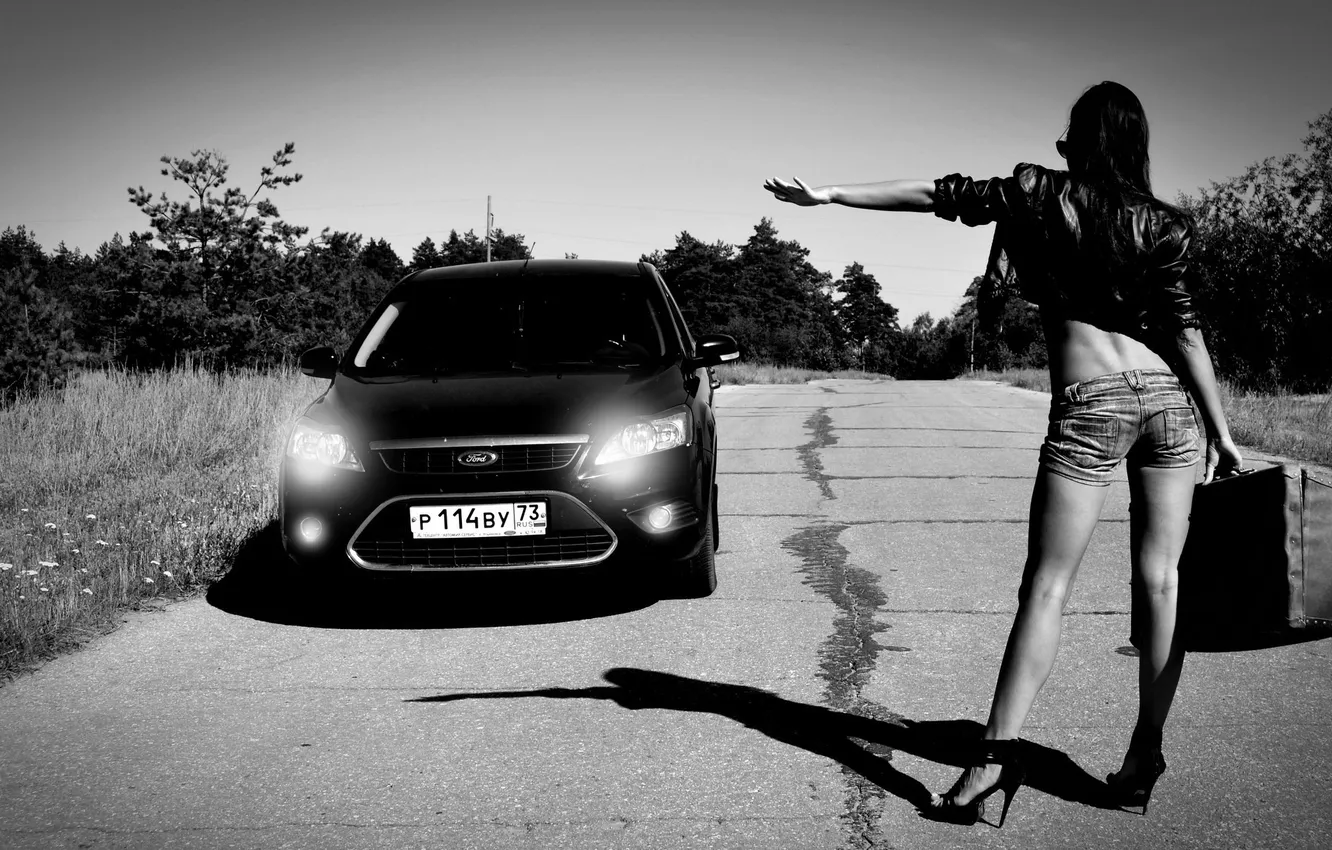 Photo wallpaper road, auto, ass, girl, nature, suitcase