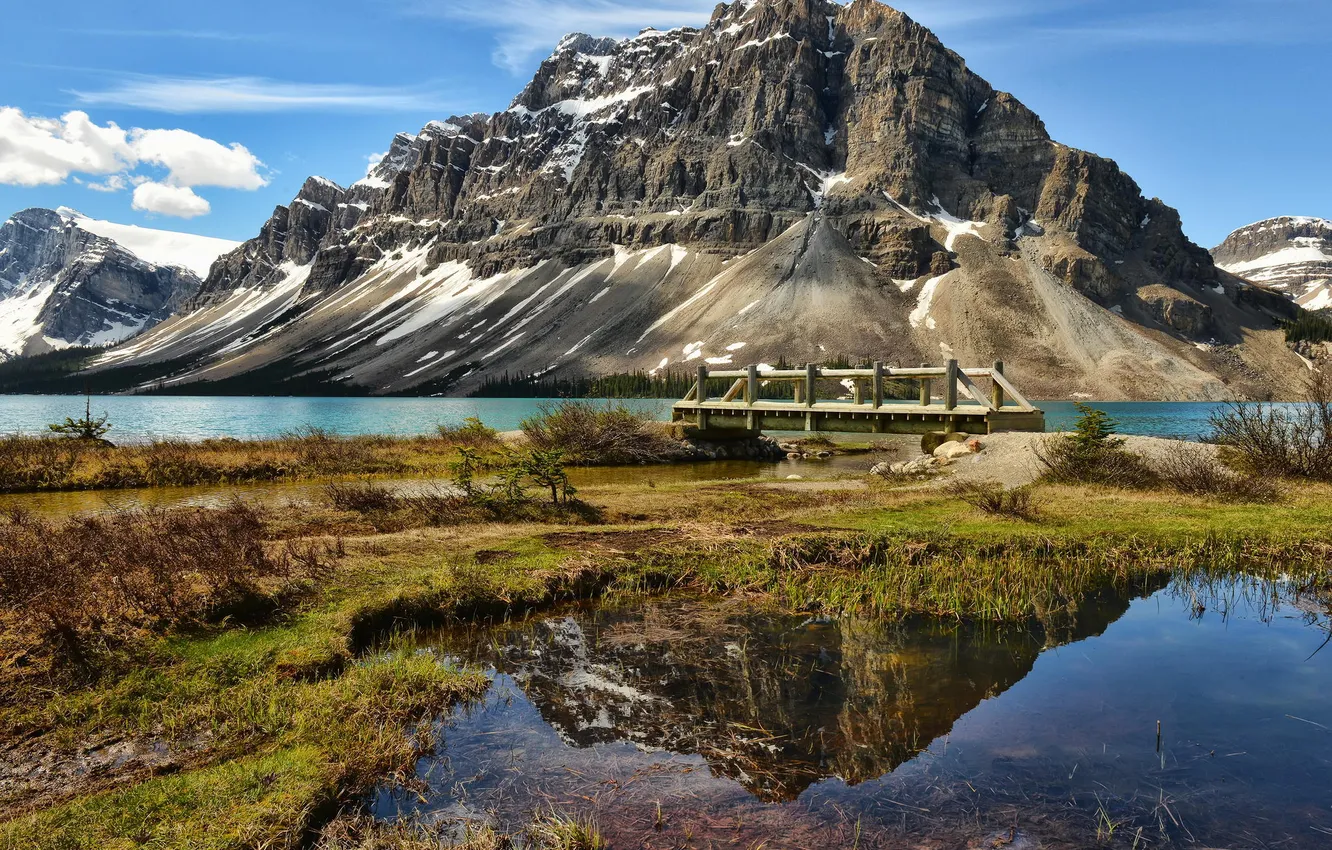 Photo wallpaper mountains, bridge, nature, river