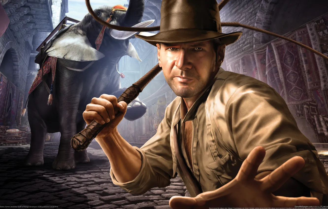 Photo wallpaper elephant, hat, whip, indiana, Indiana, Jones, jones