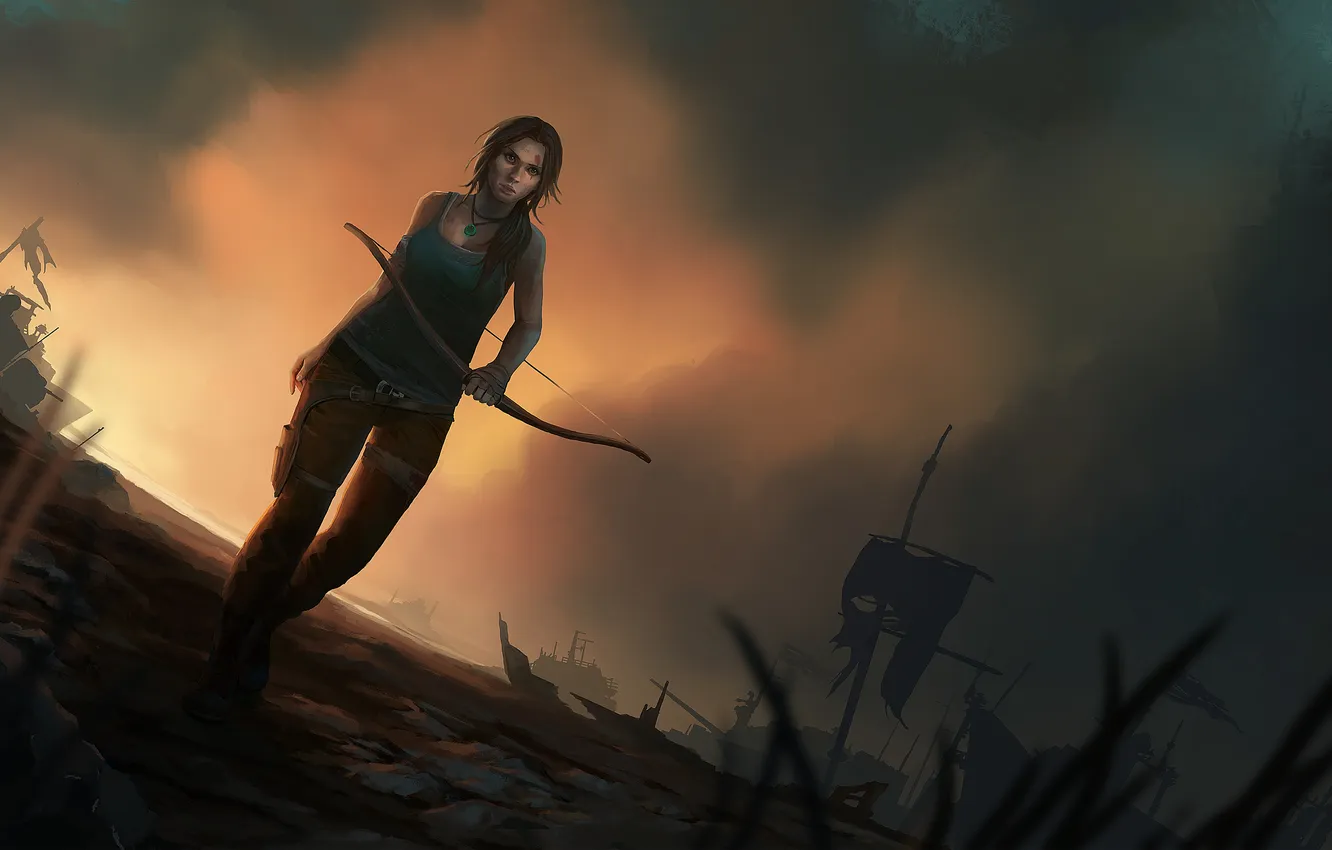 Photo wallpaper girl, ship, Tomb Raider, Lara Croft