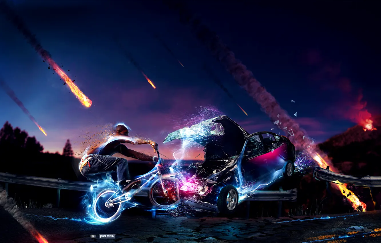Photo wallpaper road, machine, crash, the sky, bike, lightning, people, neon