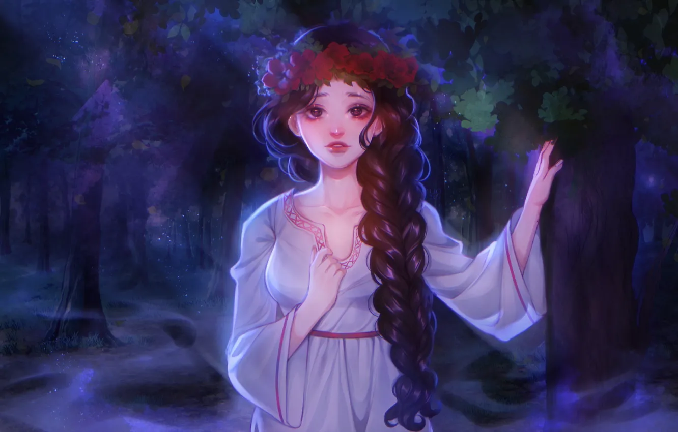 Photo wallpaper forest, girl, night, fog, wreath, by Ladygelion