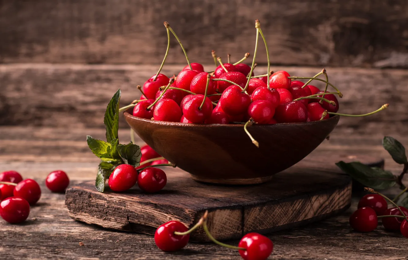 Photo wallpaper cherry, berries, Board, bowl, a lot, cherry
