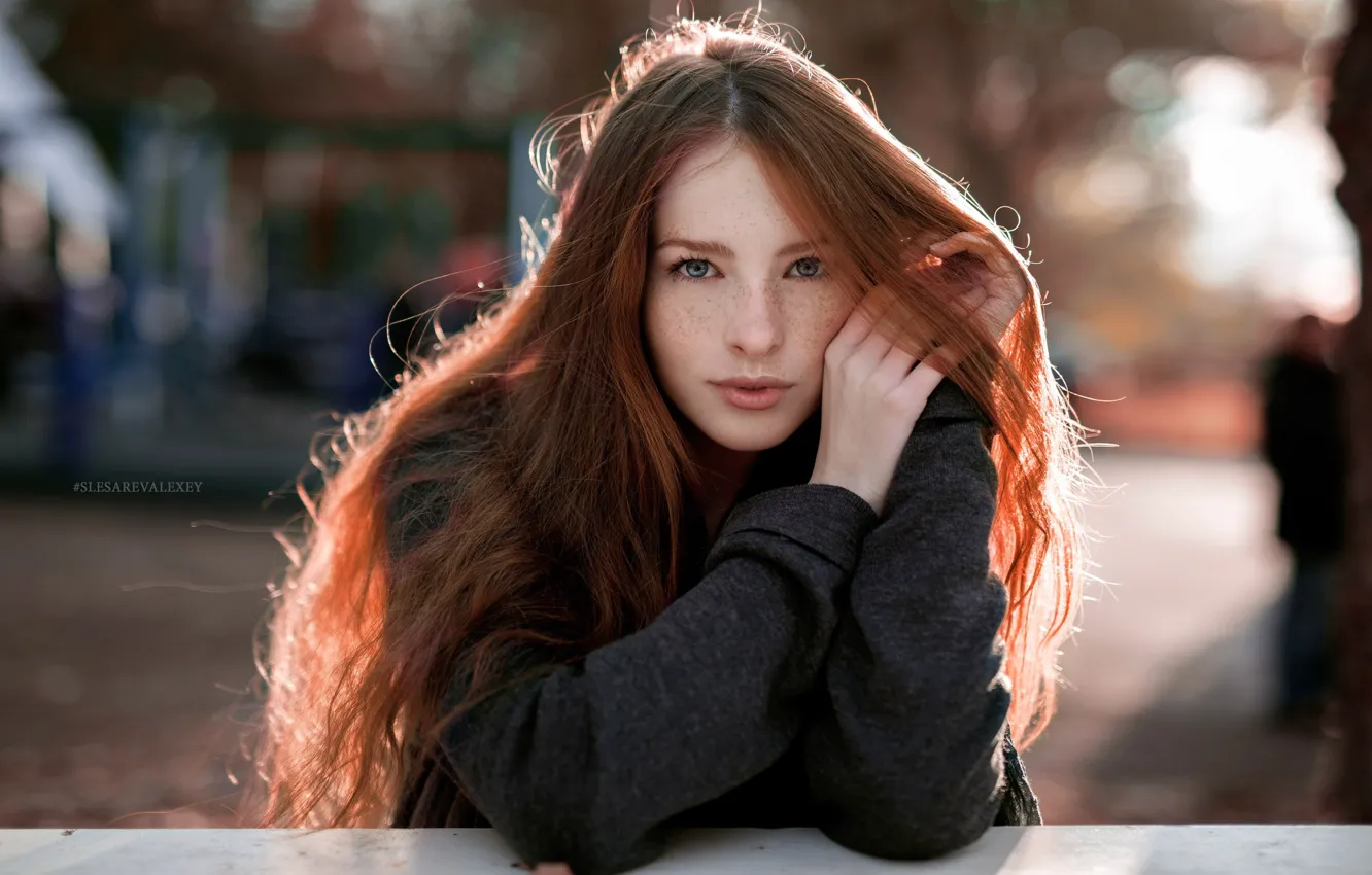 Photo wallpaper look, girl, sweetheart, street, portrait, red, beautiful, young
