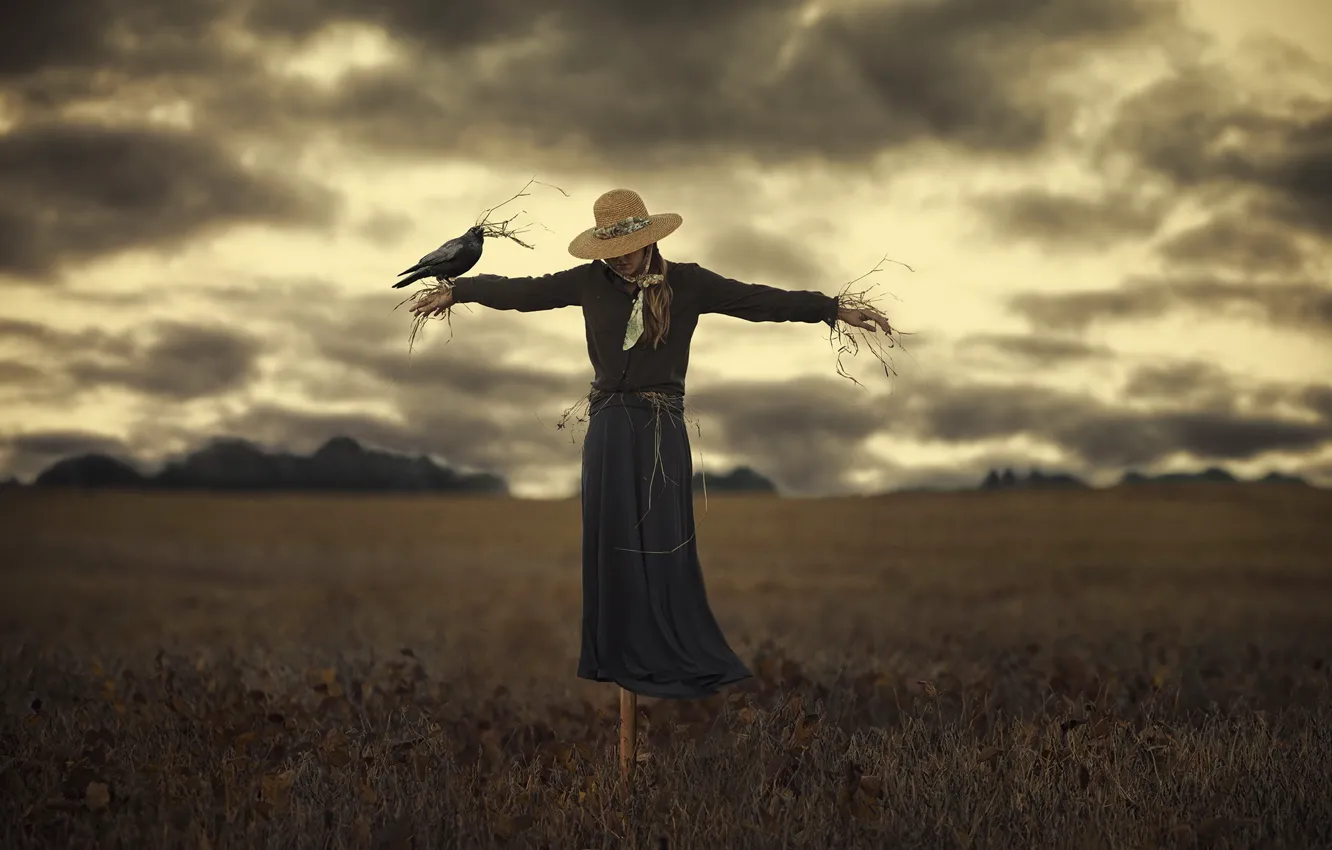 Photo wallpaper girl, bird, the situation, Scarecrow