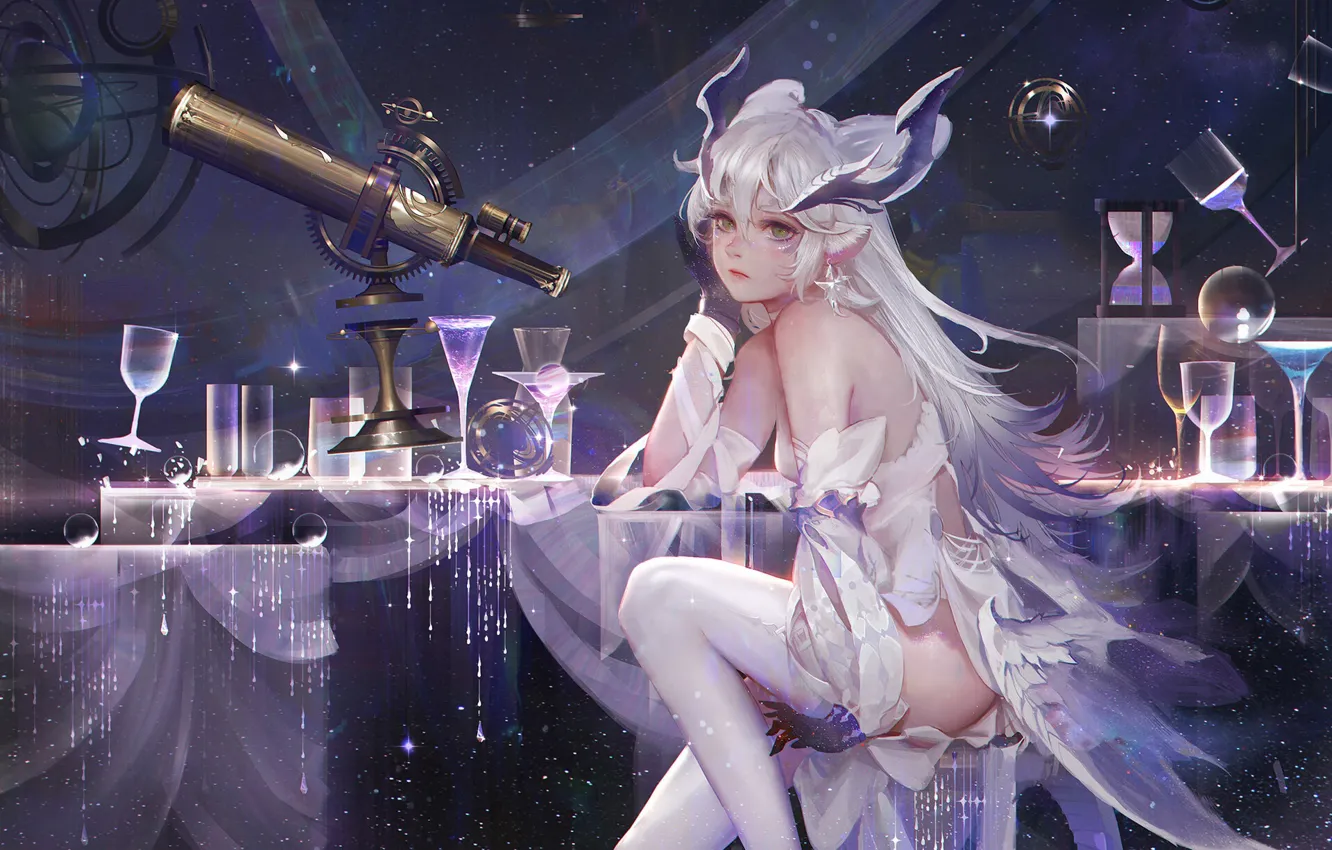 Photo wallpaper white, girl, style, fiction, art, girl, fantasy, telescope