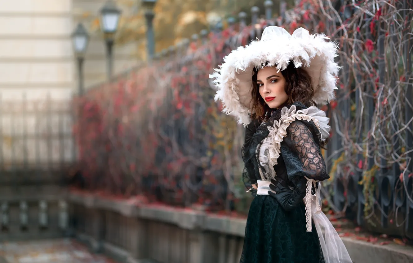 Photo wallpaper white, girl, the city, style, Park, the fence, hat, feathers