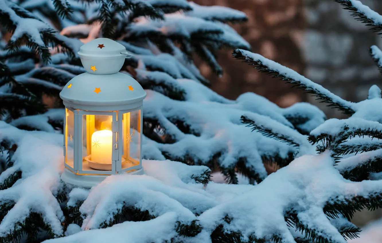 Photo wallpaper winter, snow, holiday, branch, tree, candle, Christmas, Lantern