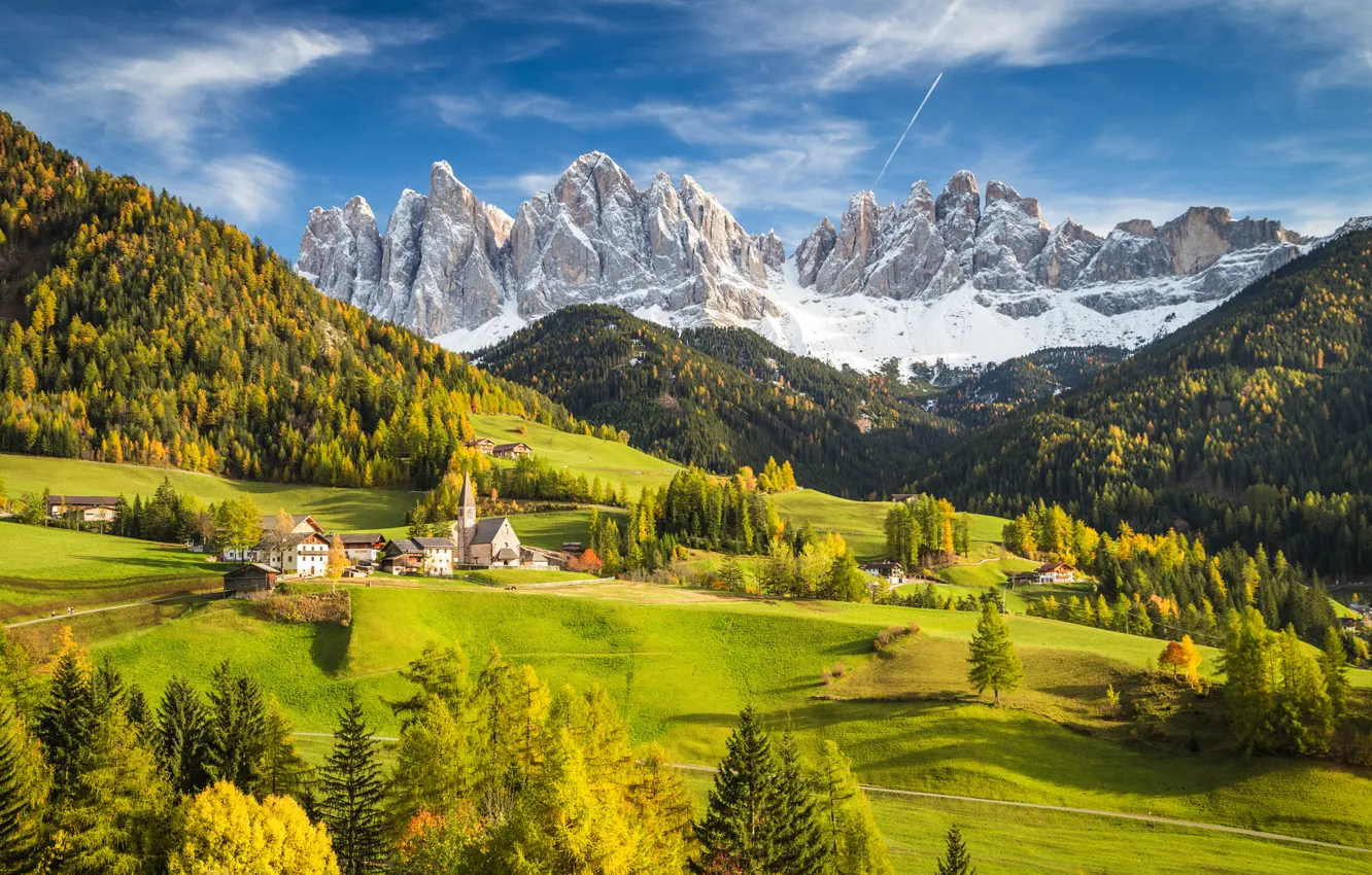 Photo wallpaper forest, the sky, clouds, mountains, valley, village, Alps, Italy