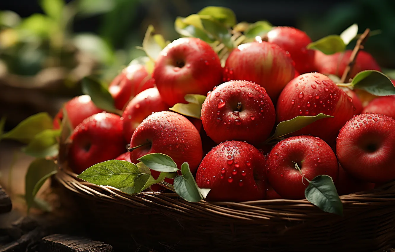 Photo wallpaper leaves, drops, red, basket, apples, moisture, harvest, fruit