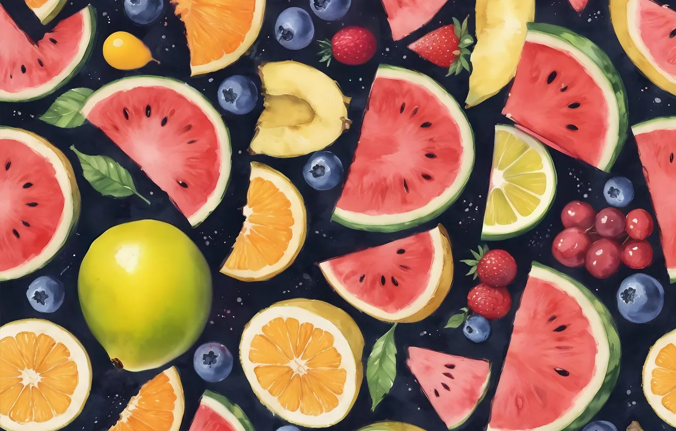 Photo wallpaper orange, texture, watermelon, fruit, different, cuts, imitation of watercolor, AI art