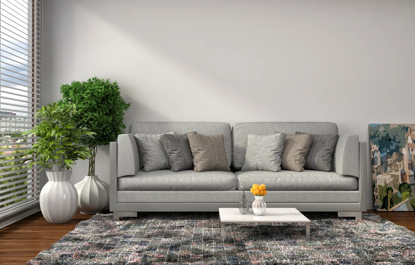 Photo wallpaper flowers, sofa, interior, pillow, modern