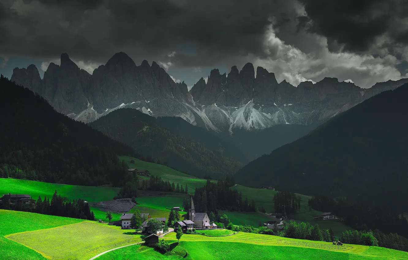 Photo wallpaper the sky, clouds, light, mountains, clouds, home, valley, Alps