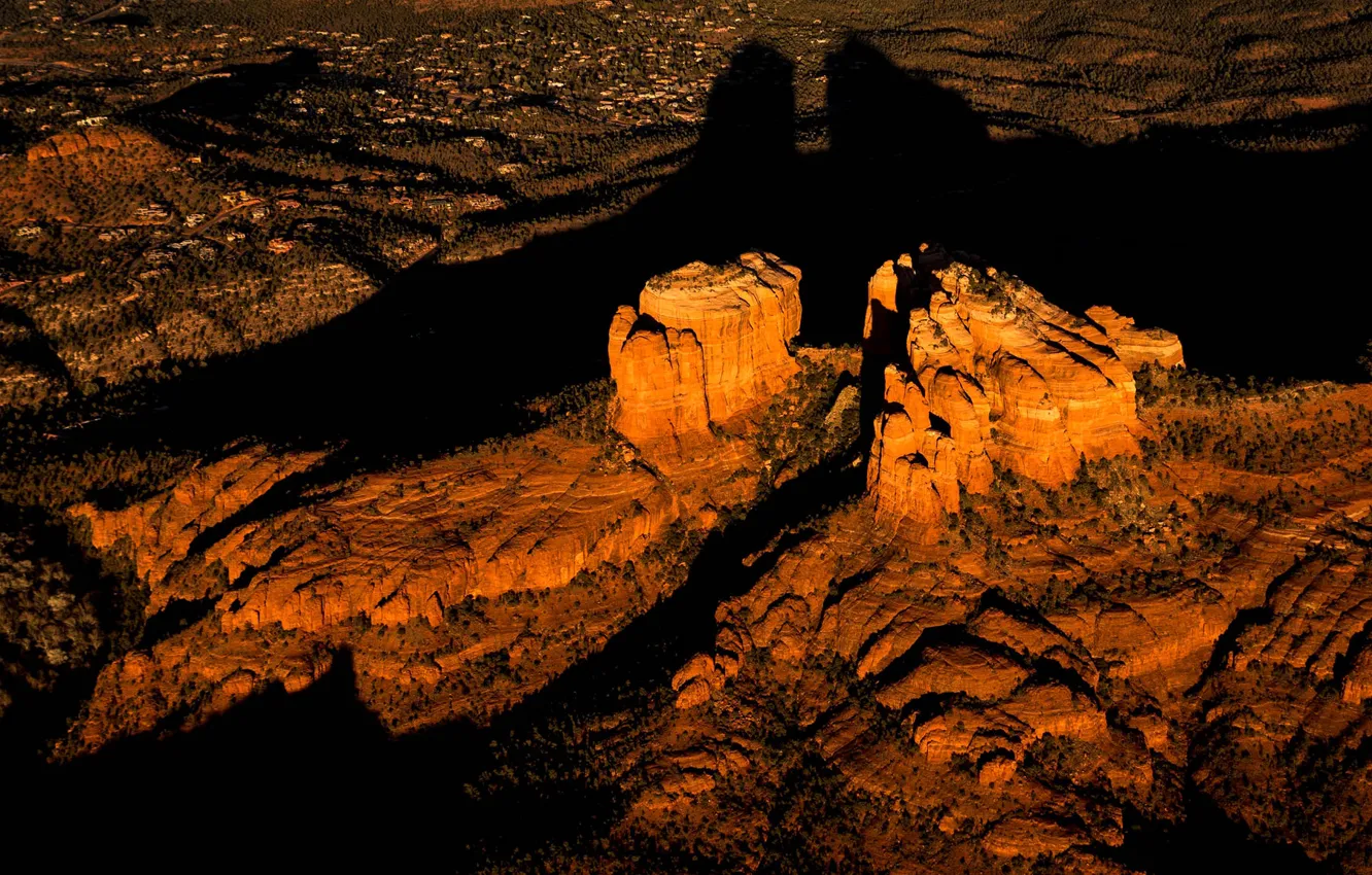 Photo wallpaper sunset, mountains, rocks, shadow, AZ, USA, Cathedral Rock