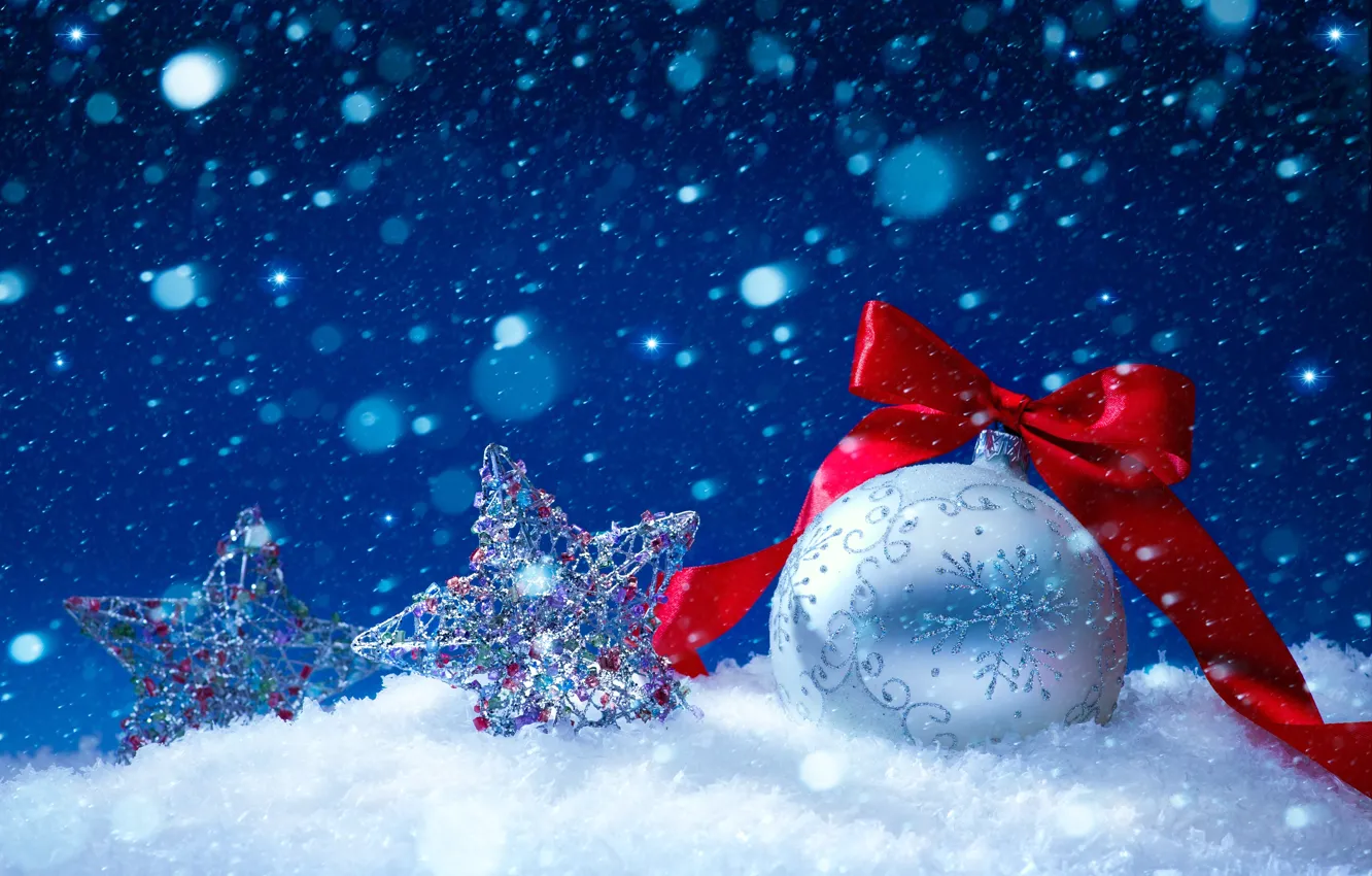 Photo wallpaper snow, decoration, balls, New Year, Christmas, Christmas, balls, decoration