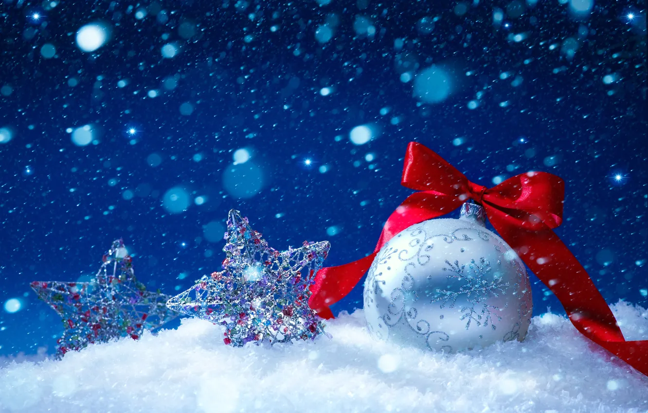 Photo wallpaper snow, decoration, balls, new year, Christmas, Christmas, balls, decoration