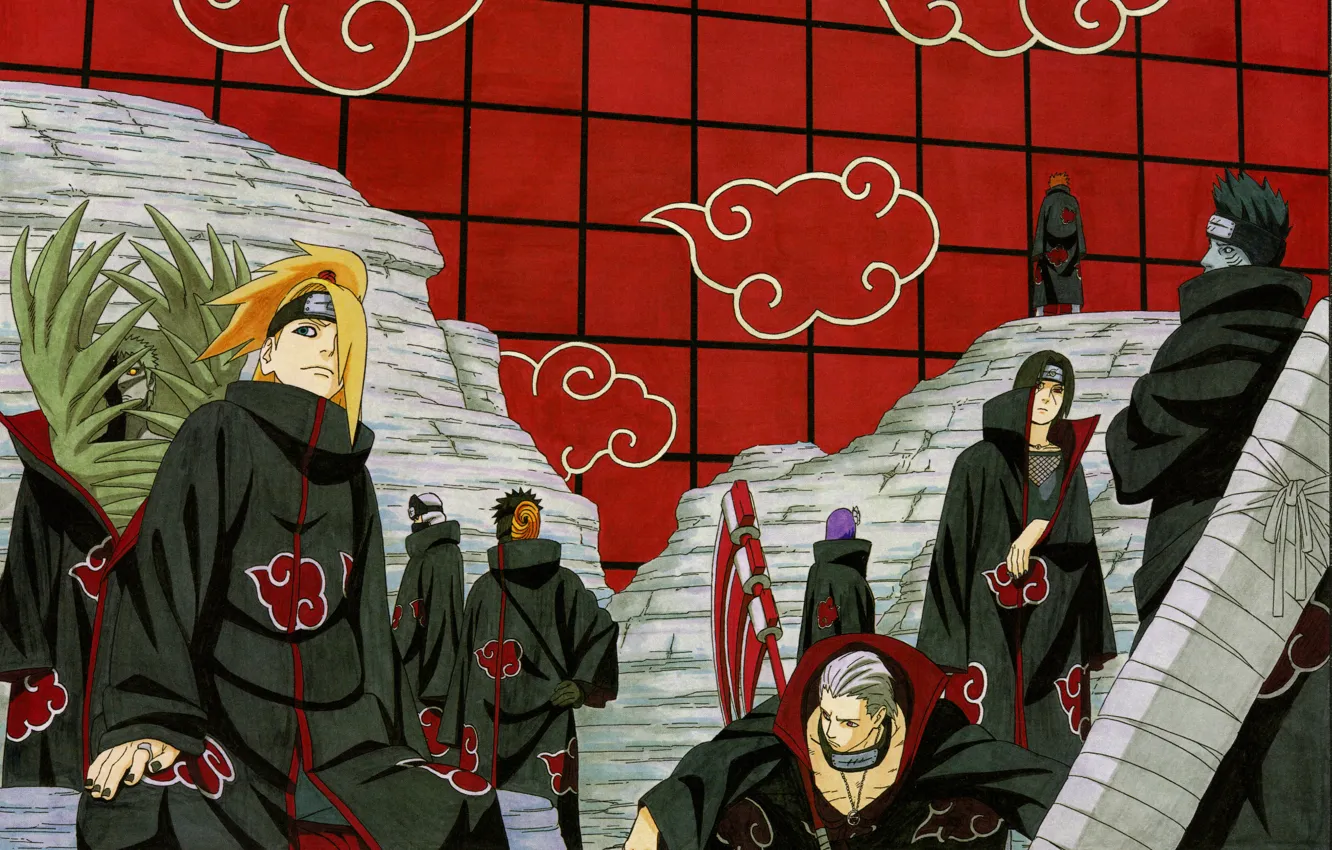 Photo wallpaper wall, emblem, Itachi, ninja, Akatsuki, Deidara, Yahiko, Naruto Shippuden