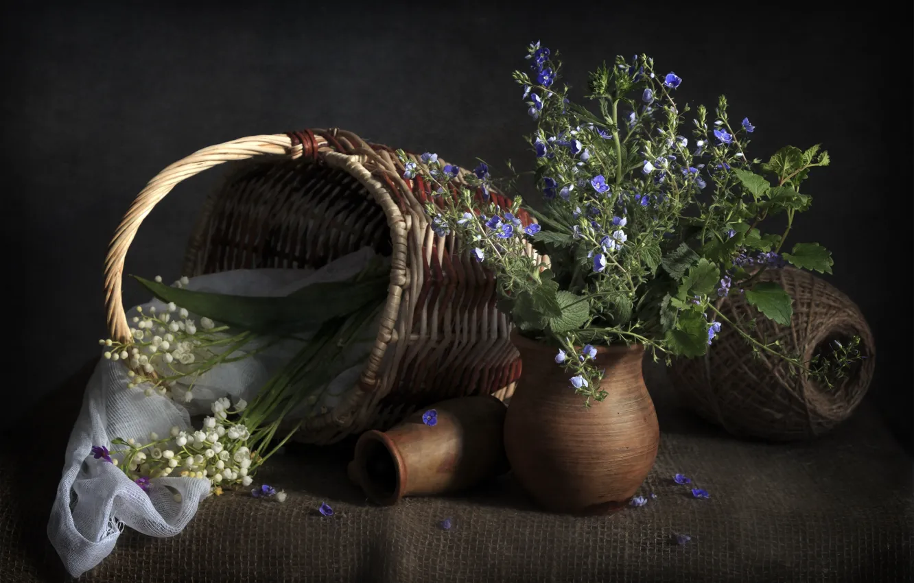 Photo wallpaper basket, still life, lilies of the valley