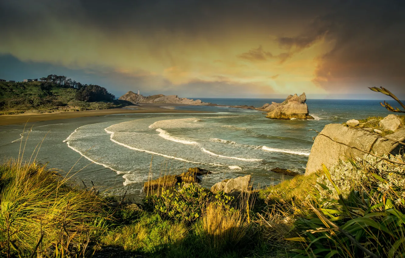 Photo wallpaper landscape, nature, stones, the ocean, rocks, shore, vegetation, New Zealand