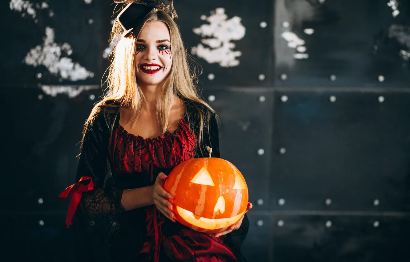 Photo wallpaper autumn, girl, the dark background, holiday, makeup, pumpkin, Halloween, witch
