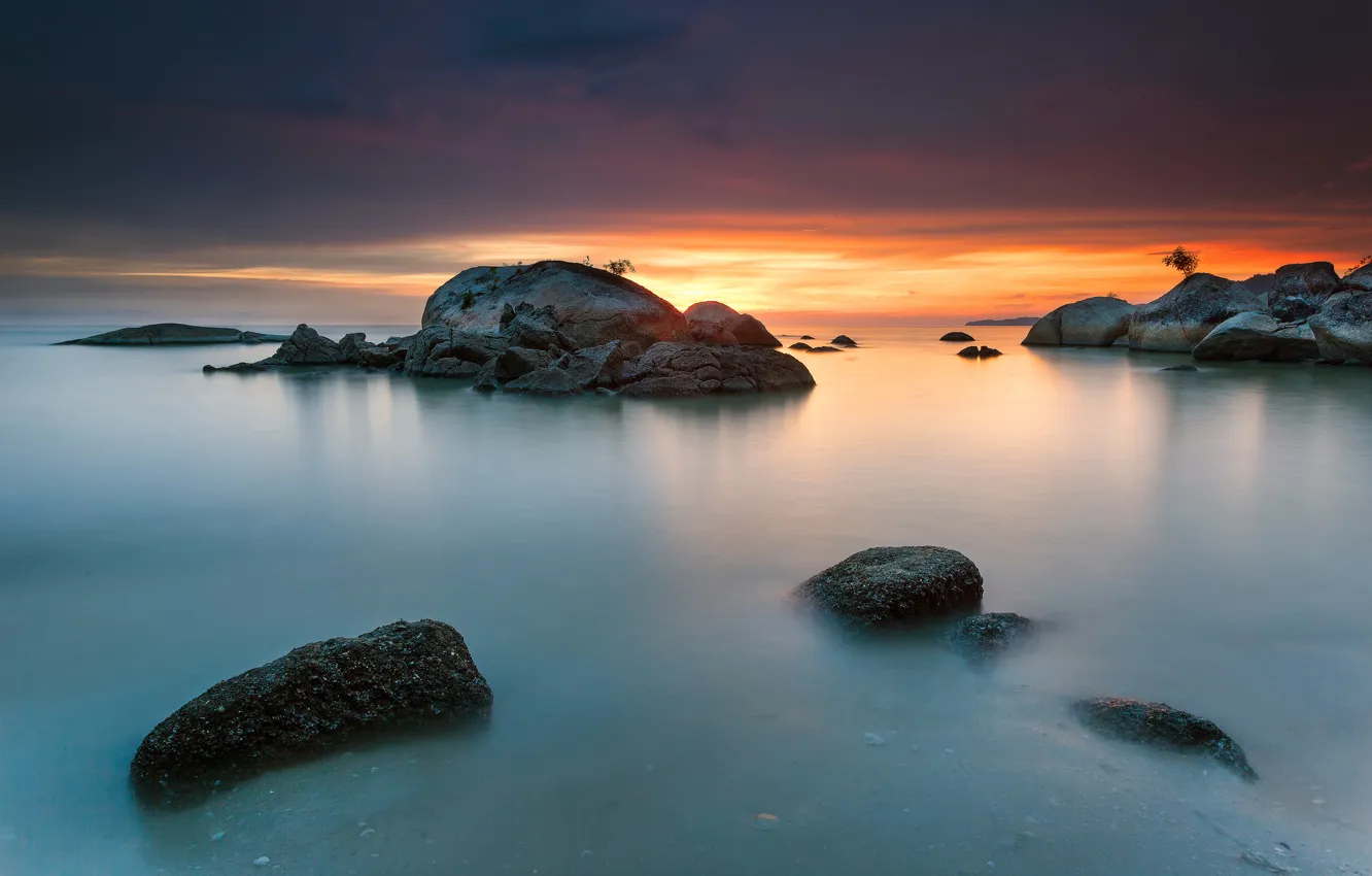 Photo wallpaper beach, stones, rocks, dawn