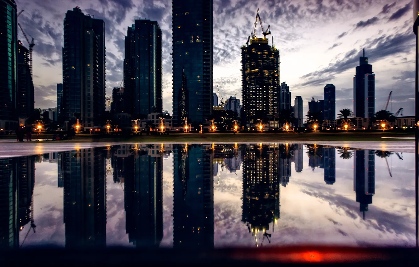 Photo wallpaper city, lights, Dubai, twilight, sky, sunset, photographer, water