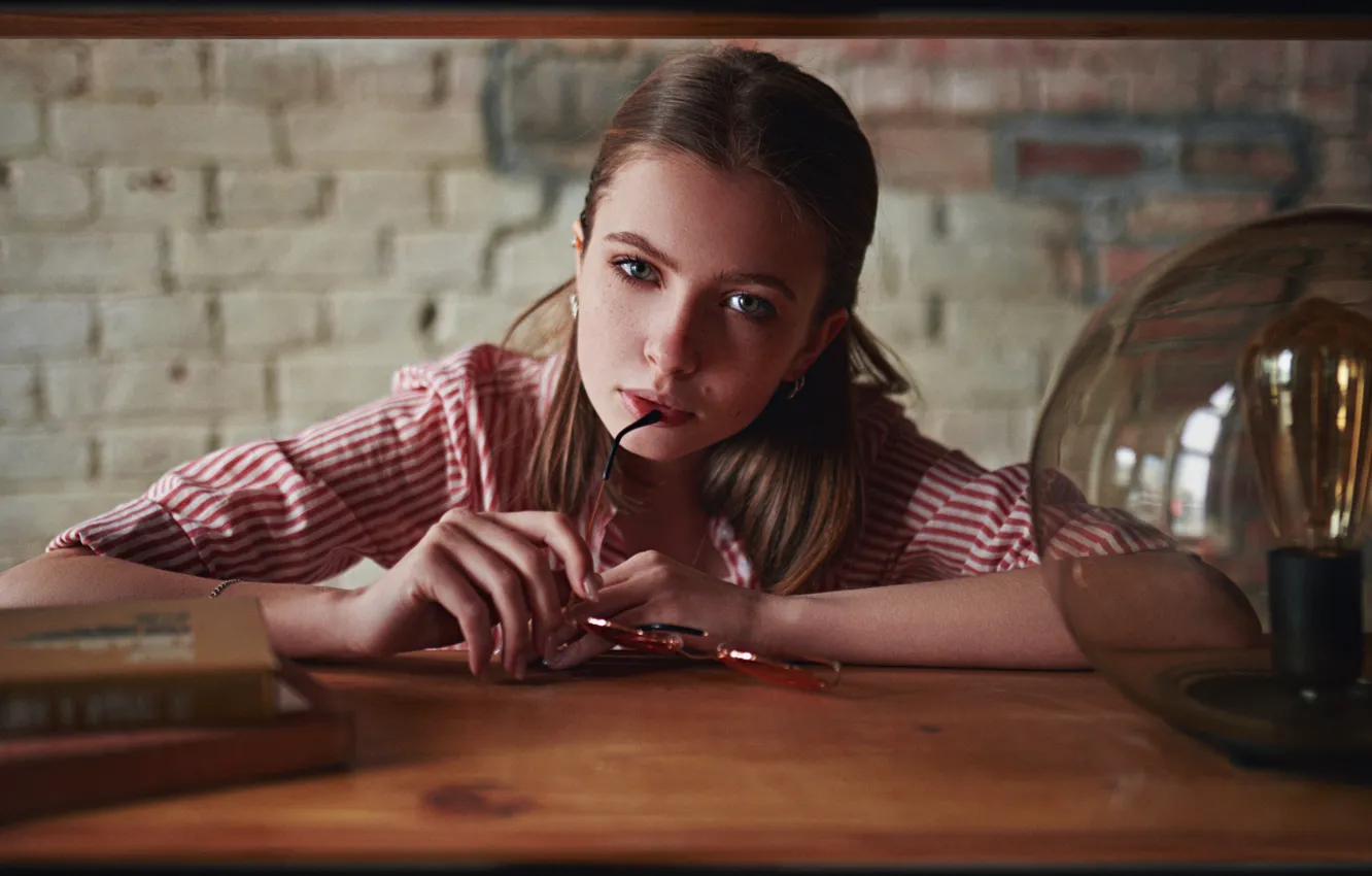 Photo wallpaper look, girl, face, lamp, glasses, book, Sergey Fat, Sergey Zhirnov