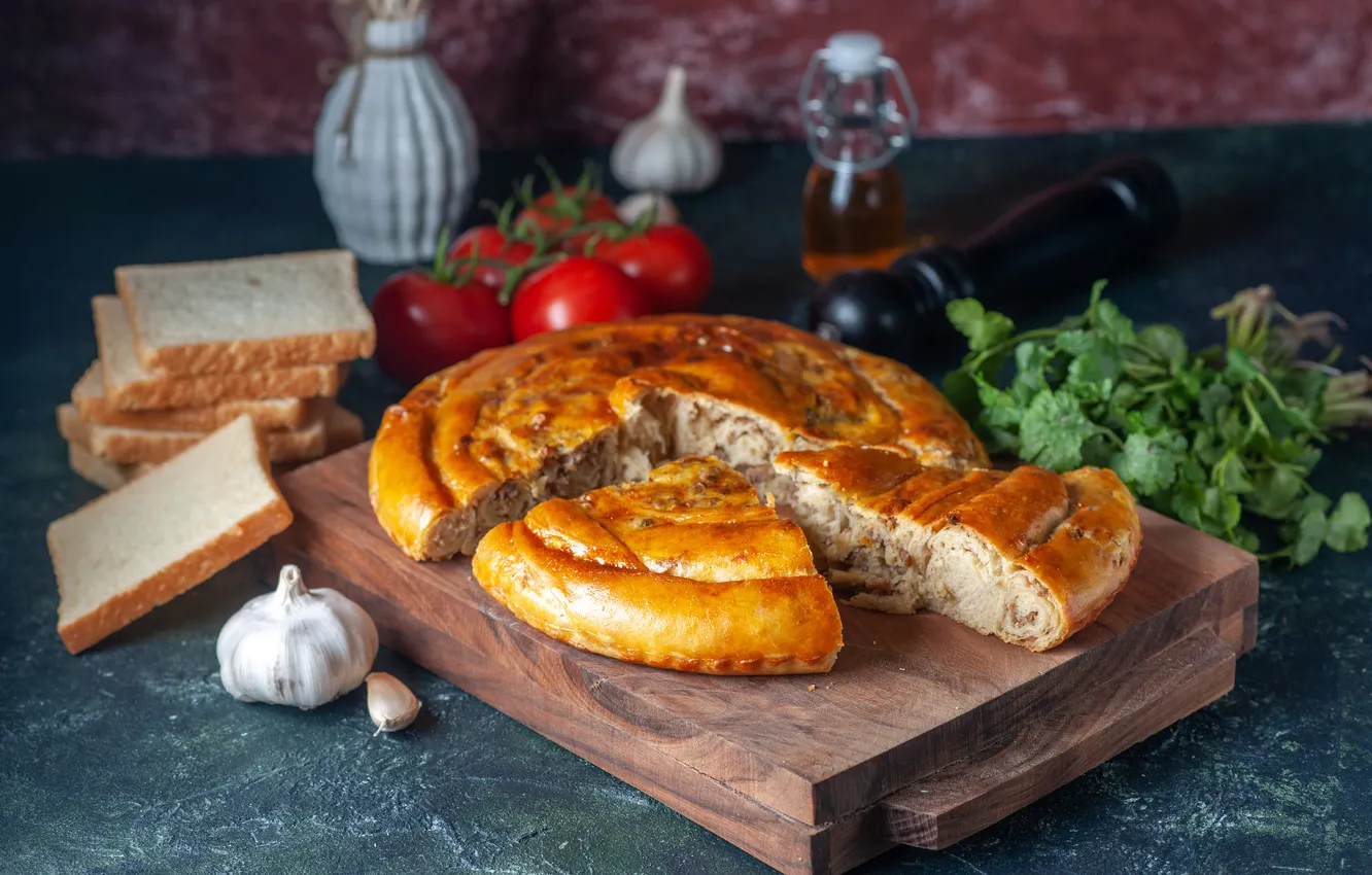 Photo wallpaper dark, cake, food, background, tomatoes, biscuit, meat, pie