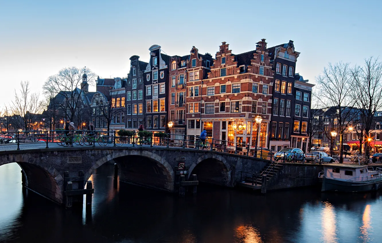 Photo wallpaper winter, bridge, the city, river, building, the evening, Amsterdam, lights