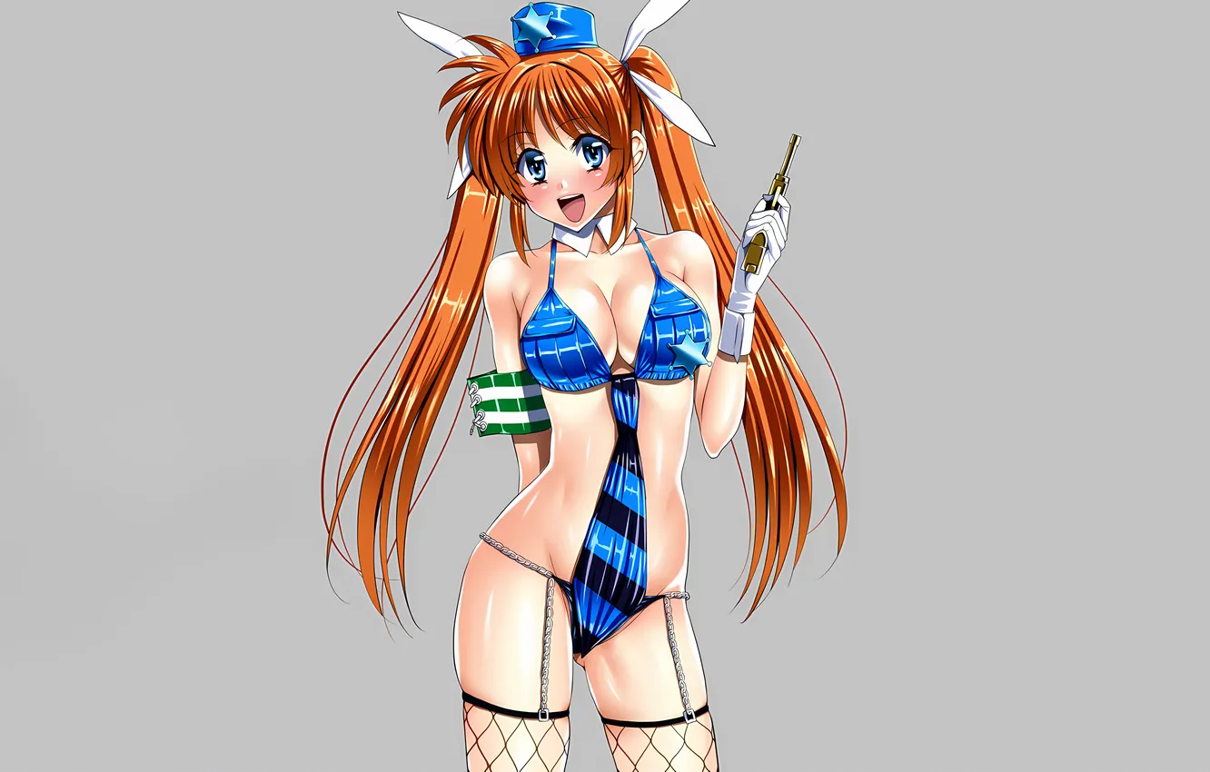 Photo wallpaper girl, gun, pistol, sexy, cleavage, thighhighs, long hair, hat