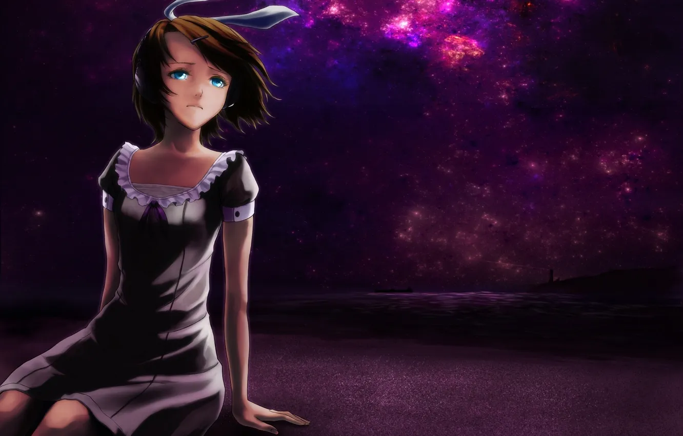 Photo wallpaper the sky, girl, stars, light, night, the ocean, shore, lighthouse