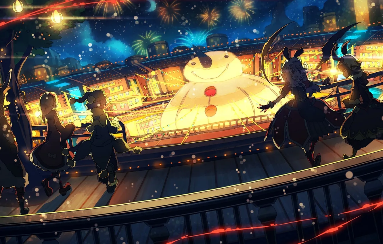 Photo wallpaper girl, holiday, new year, anime, art, Christmas, snowman, fireworks
