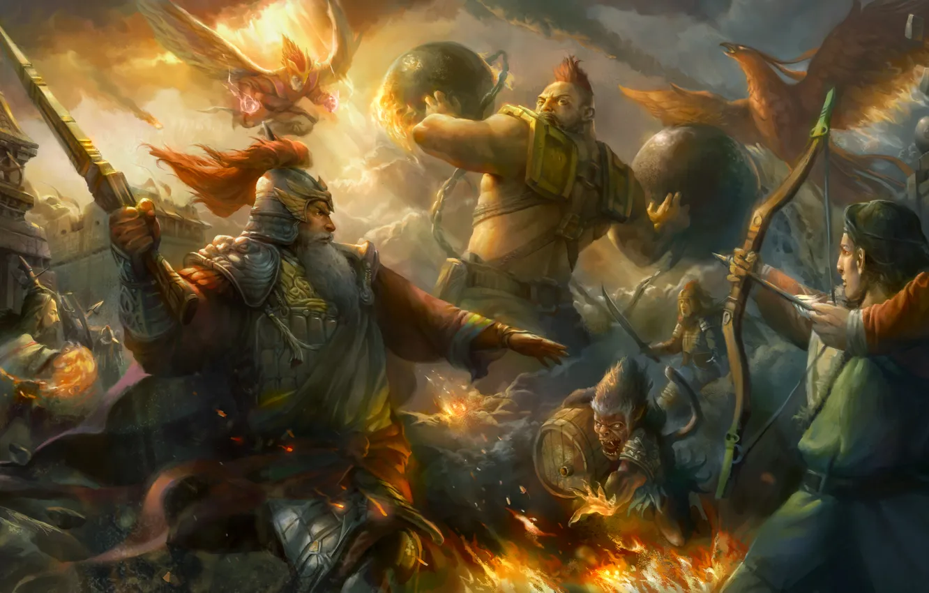 Photo wallpaper lights, weapons, fiction, bird, battle, warrior, bow, art