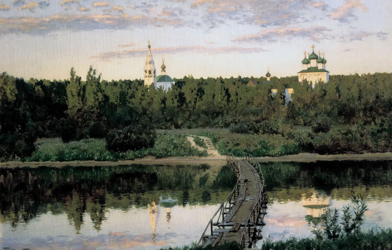 Photo wallpaper bridge, river, Church, Levitan, quiet, ABODE