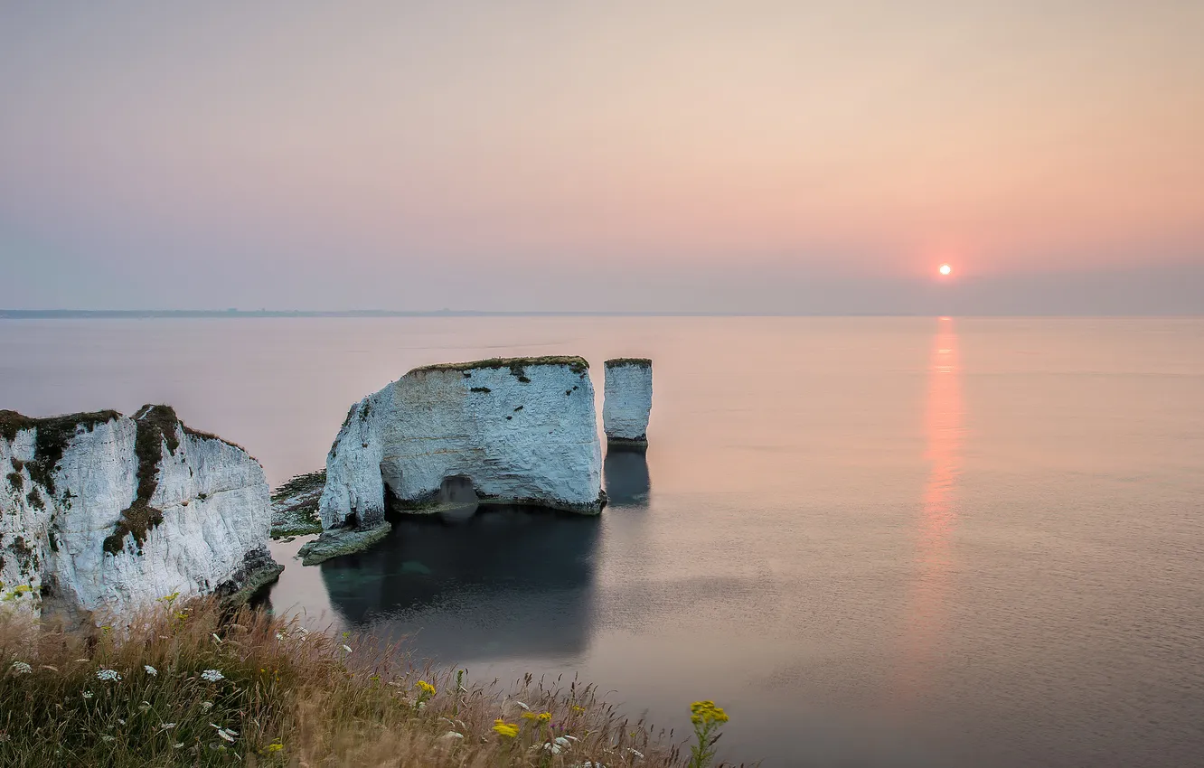 Photo wallpaper sea, landscape, sunset, rocks