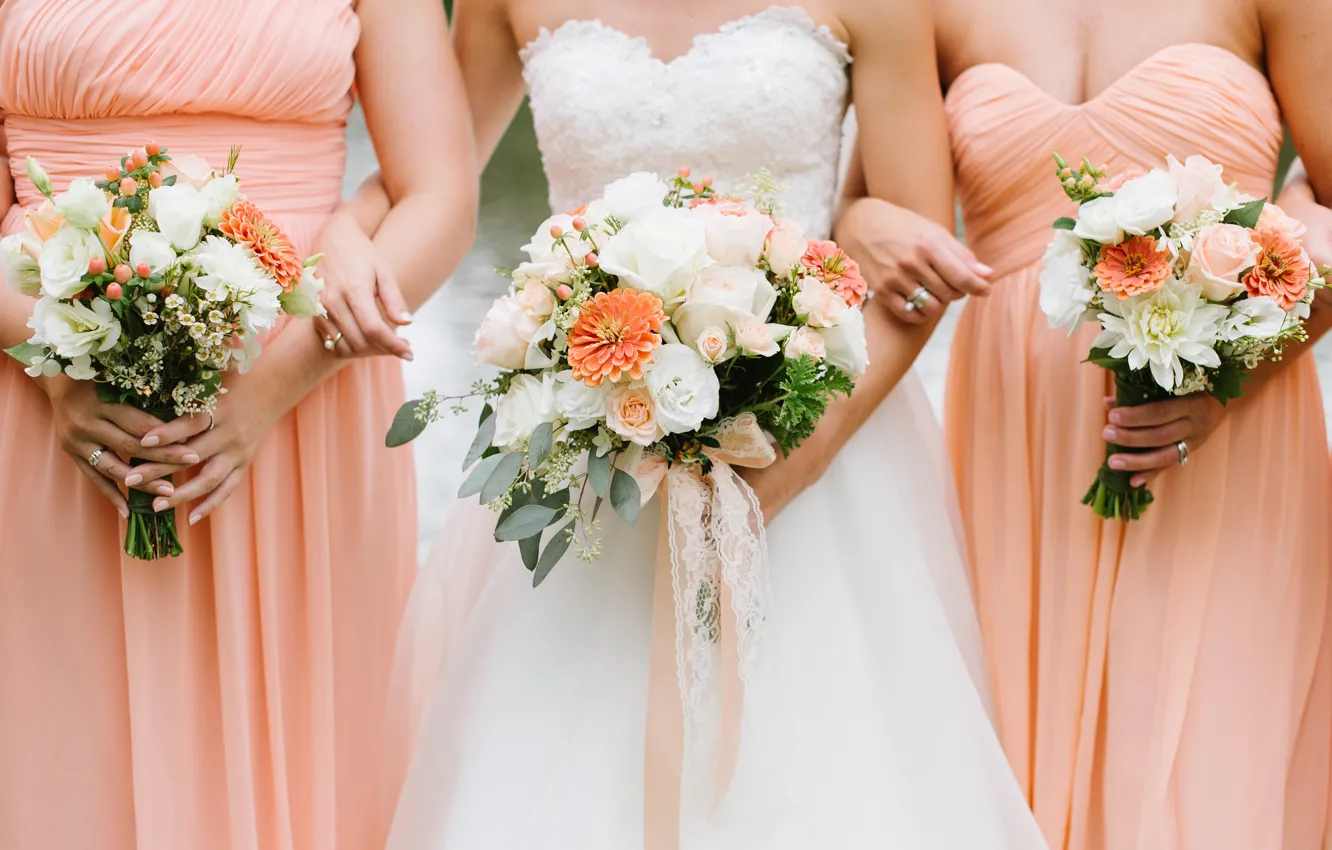 Photo wallpaper flowers, dress, the bride, wedding, bouquets, girlfriend