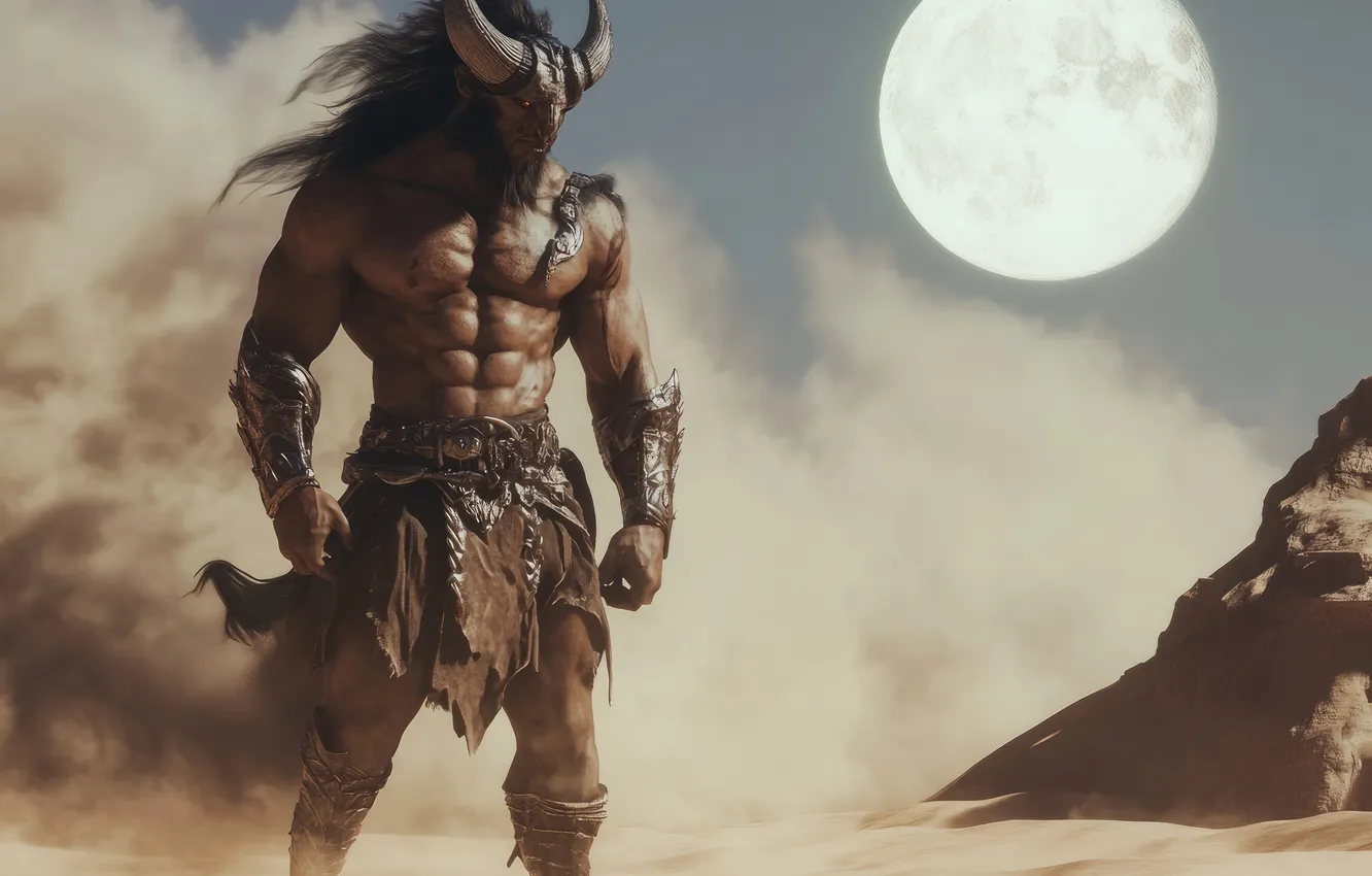 Photo wallpaper the moon, dust, horns, monster, the Minotaur, digital art, mythology, AI art