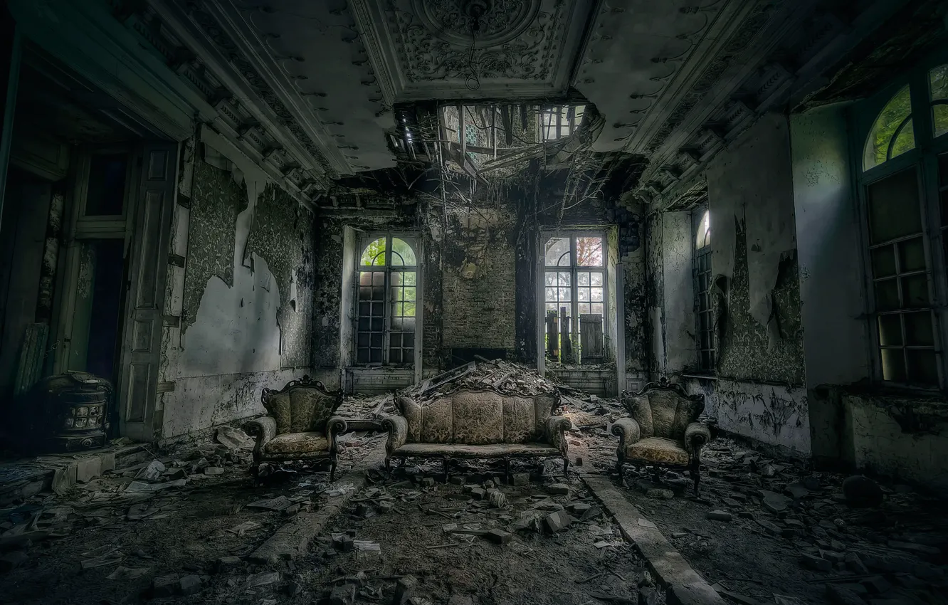 Photo wallpaper sofa, hall, DESTROYING ANGEL, two chairs, ruined building