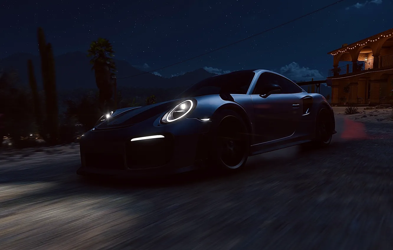 Photo wallpaper HDR, Porsche, light, game, trees, night, mountain, stars