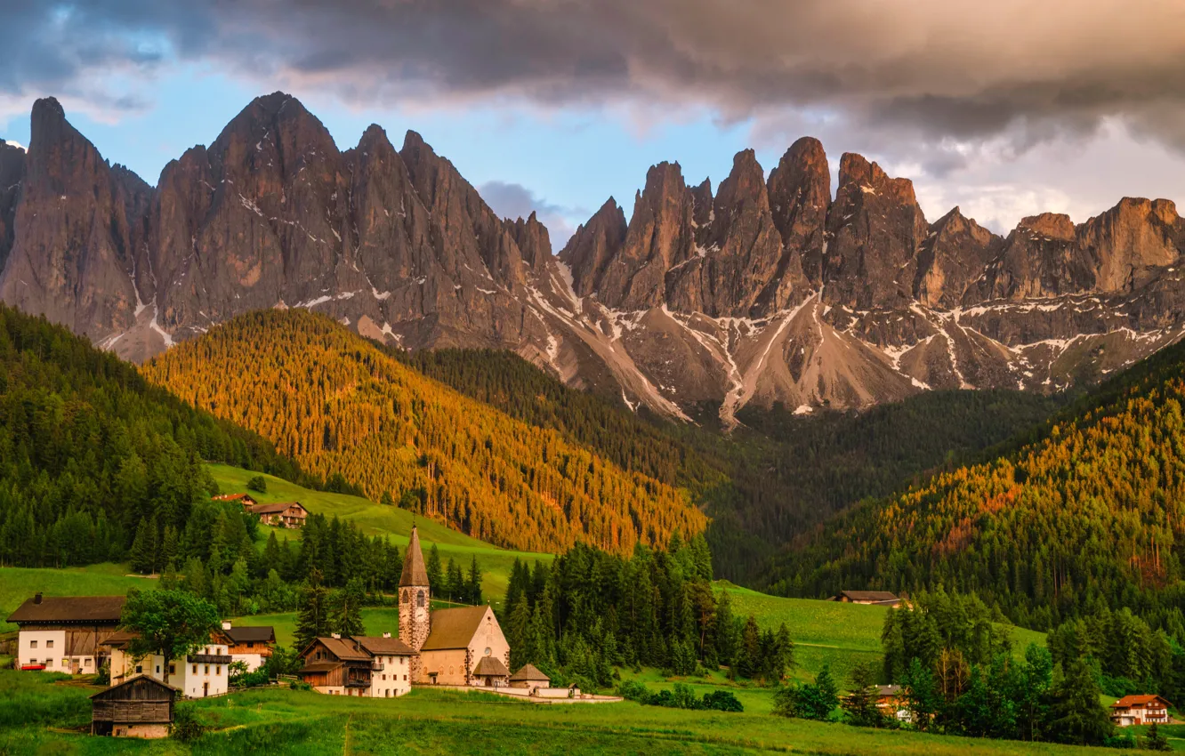 Photo wallpaper forest, clouds, light, mountains, rocks, ate, slope, Alps