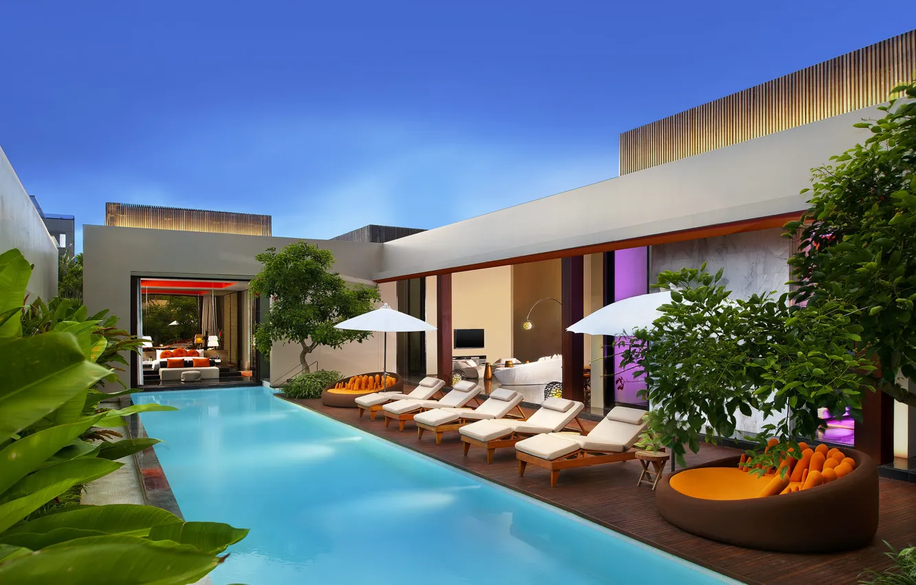Photo wallpaper sofa, furniture, interior, umbrella, pool, lighting, sun loungers