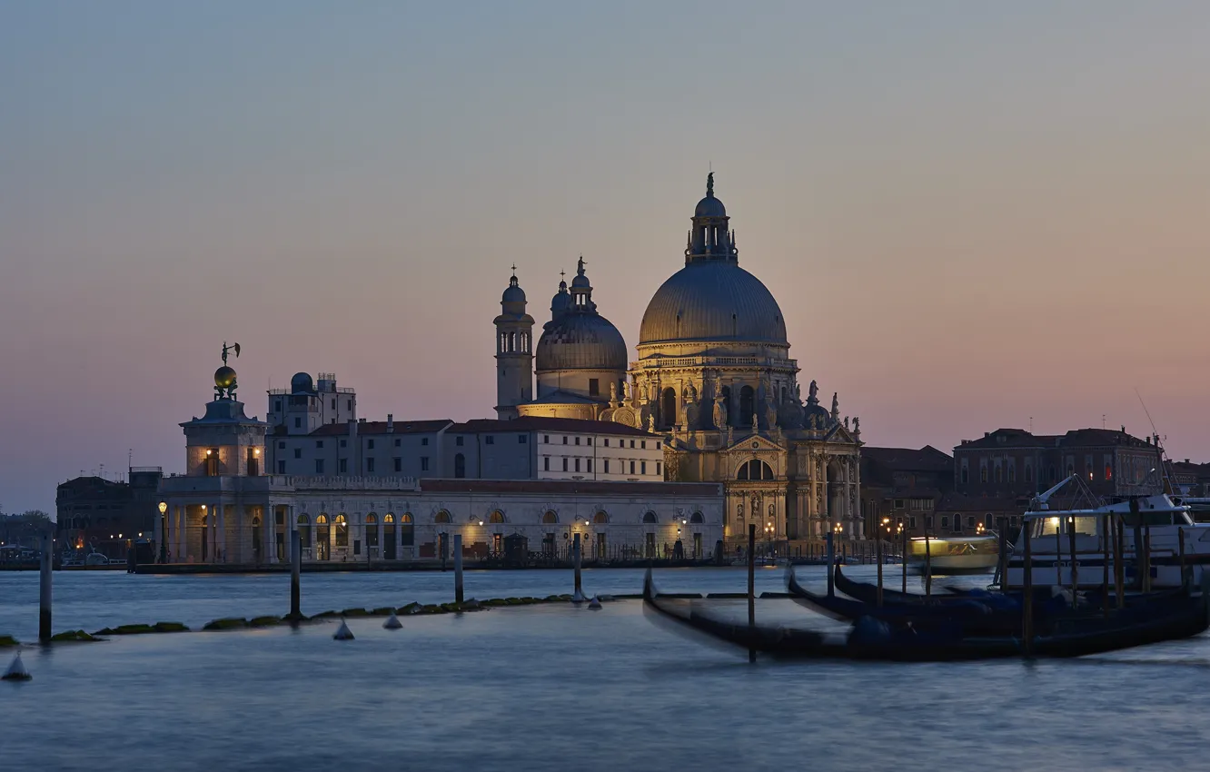 Photo wallpaper photo, The city, Cathedral, Boats, Italy, Venice, Santa Maria della Salute