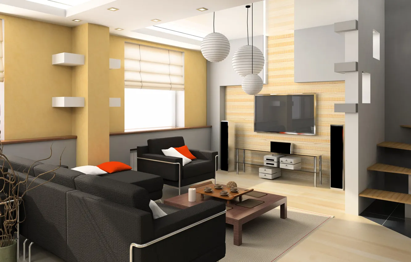 Photo wallpaper style, table, room, sofa, TV, ladder