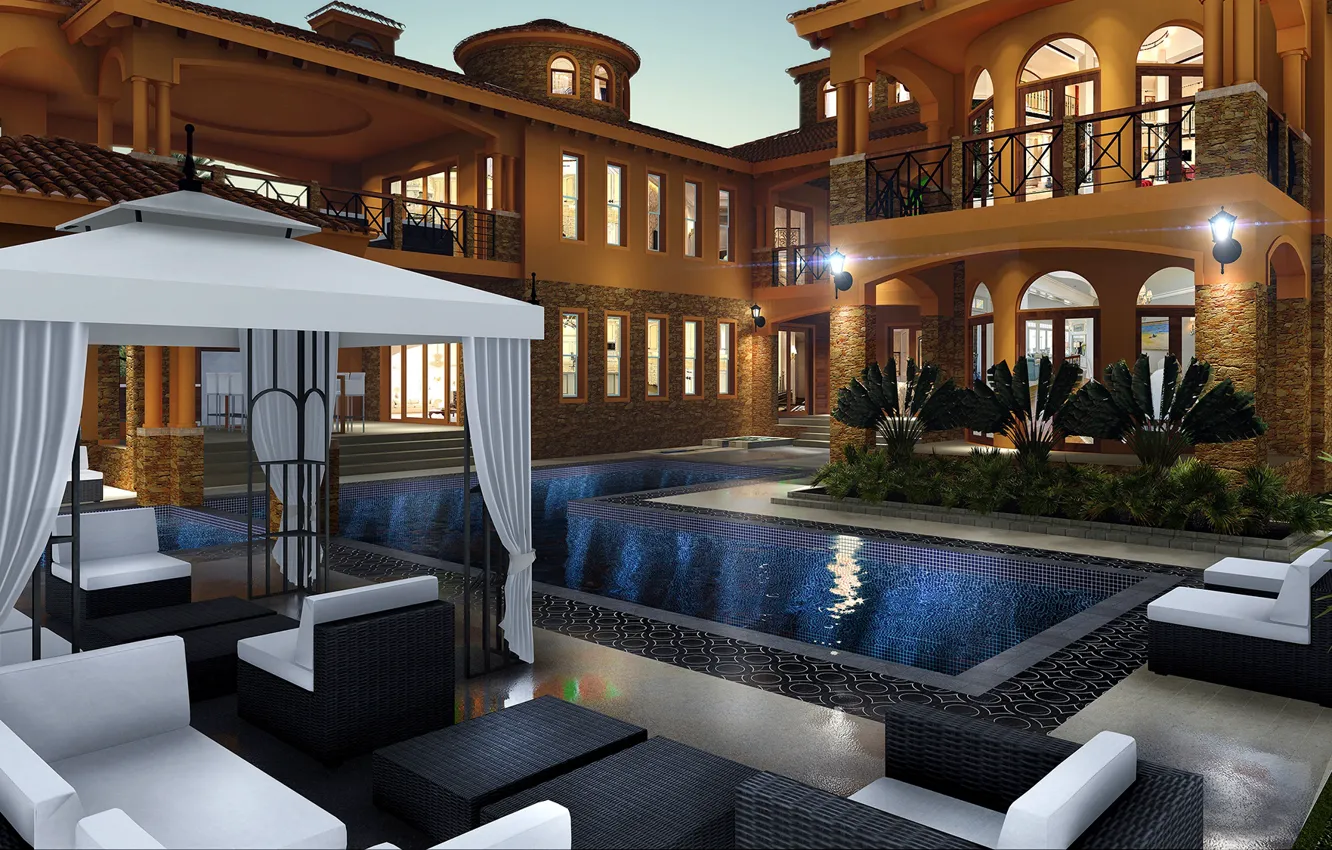 Photo wallpaper design, style, Villa, building, pool, architecture, buildings, terrace