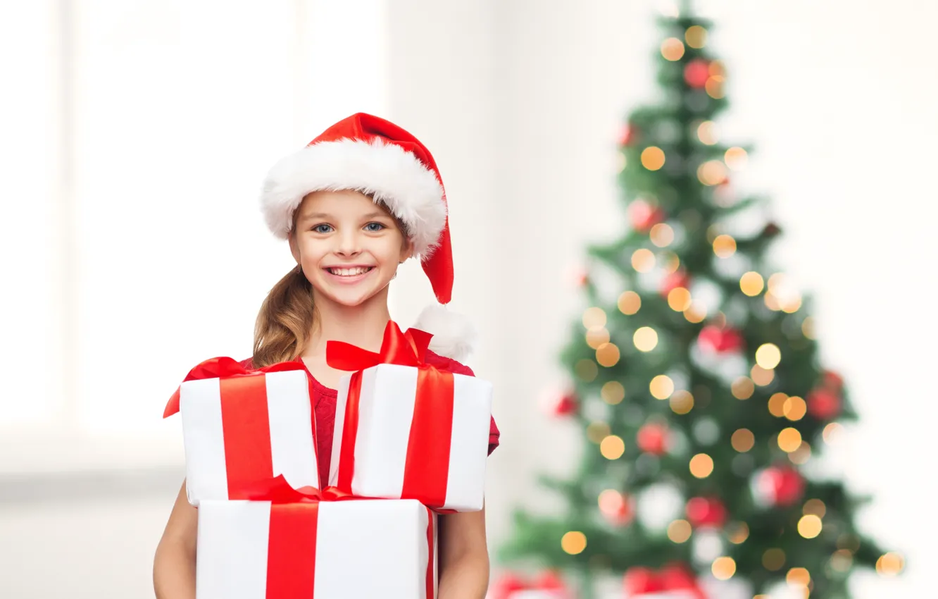 Photo wallpaper children, tree, child, girl, gifts, New year, happy, smile