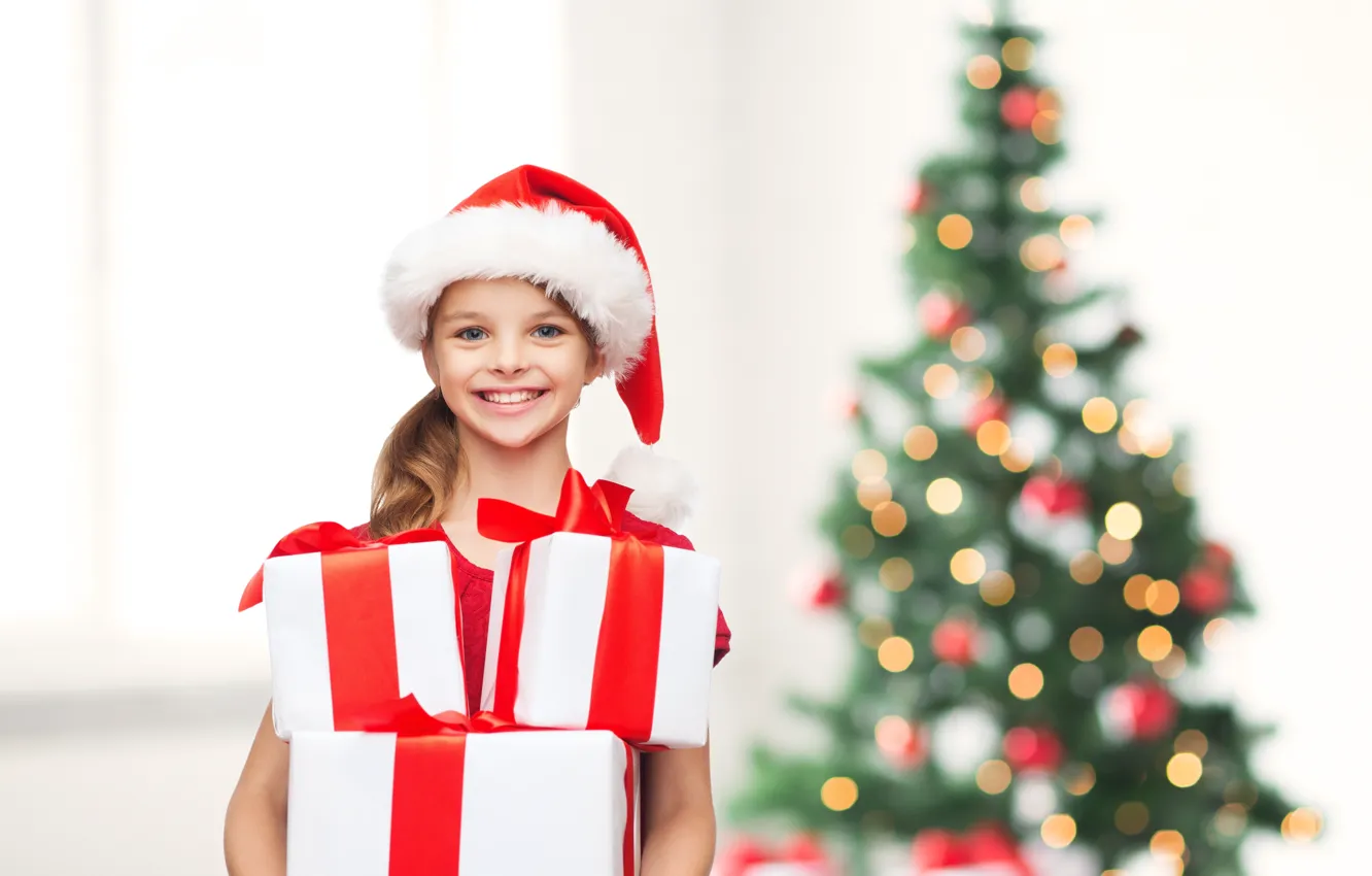 Photo wallpaper children, smile, gift, tree, new year, girl, smile, New Year