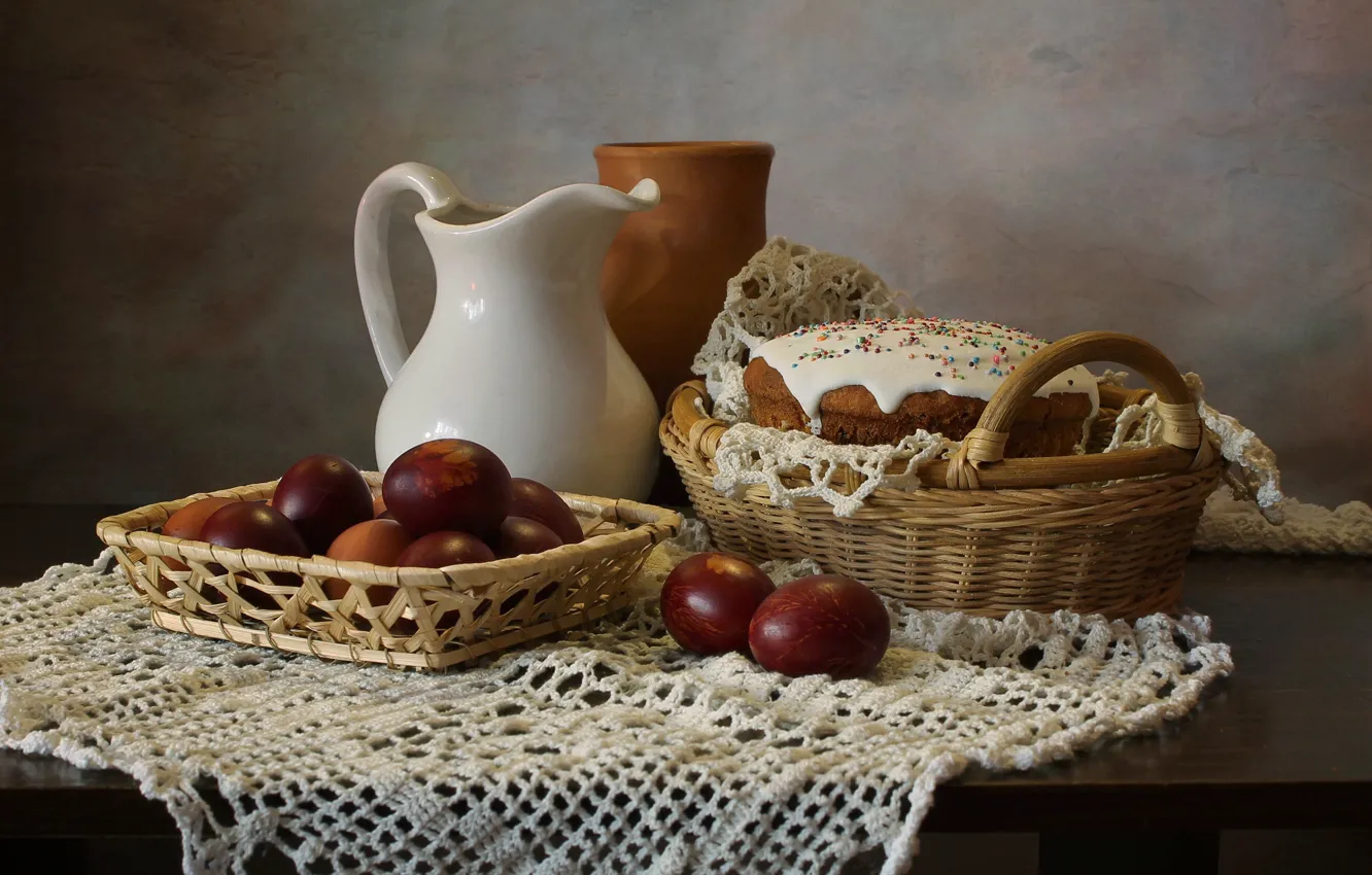 Photo wallpaper table, basket, eggs, Easter, vase, pitcher, still life, cake