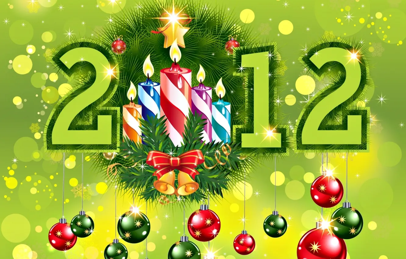 Photo wallpaper green, holiday, toys, tree, new year, spruce, 2012, bell