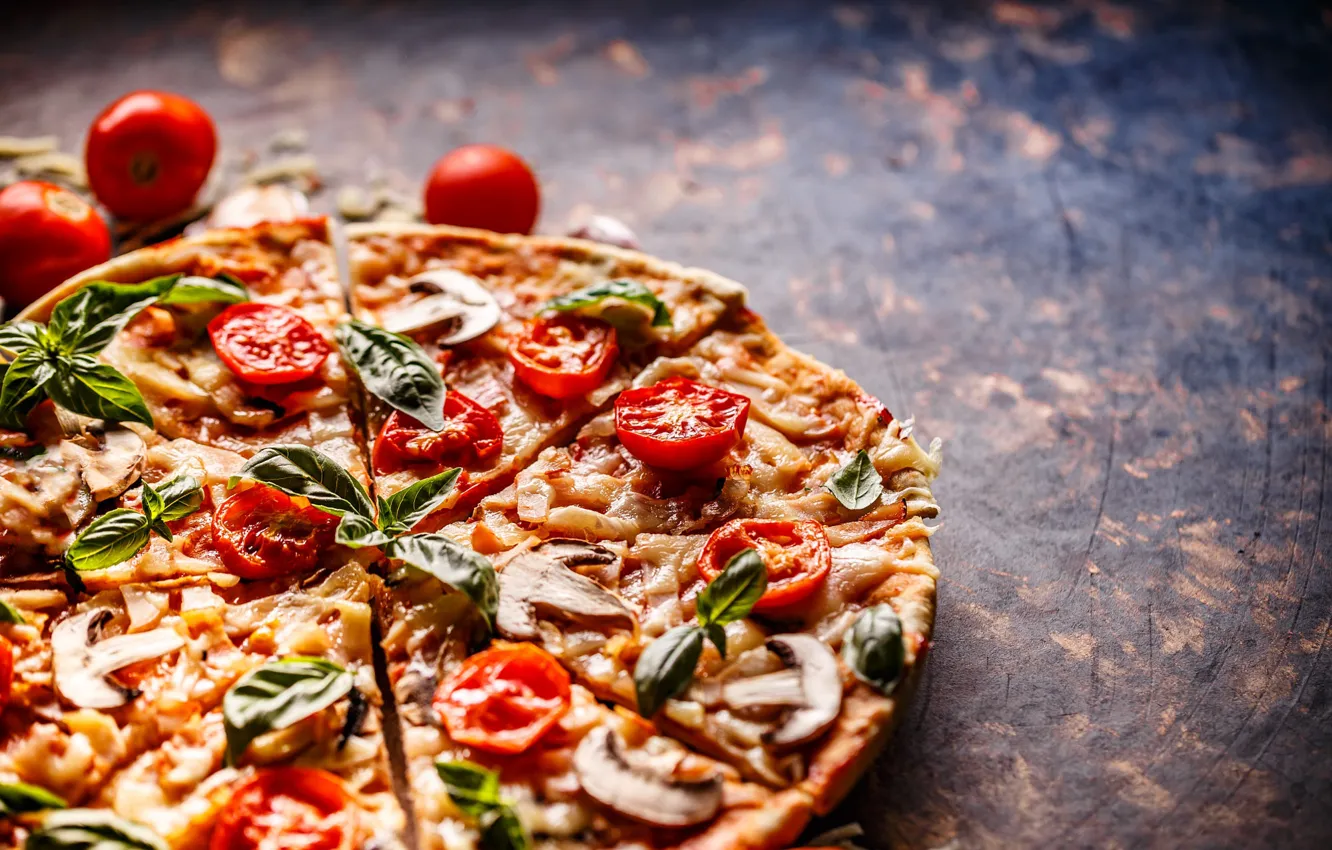 Photo wallpaper mushrooms, pizza, tomatoes, piece, Basil
