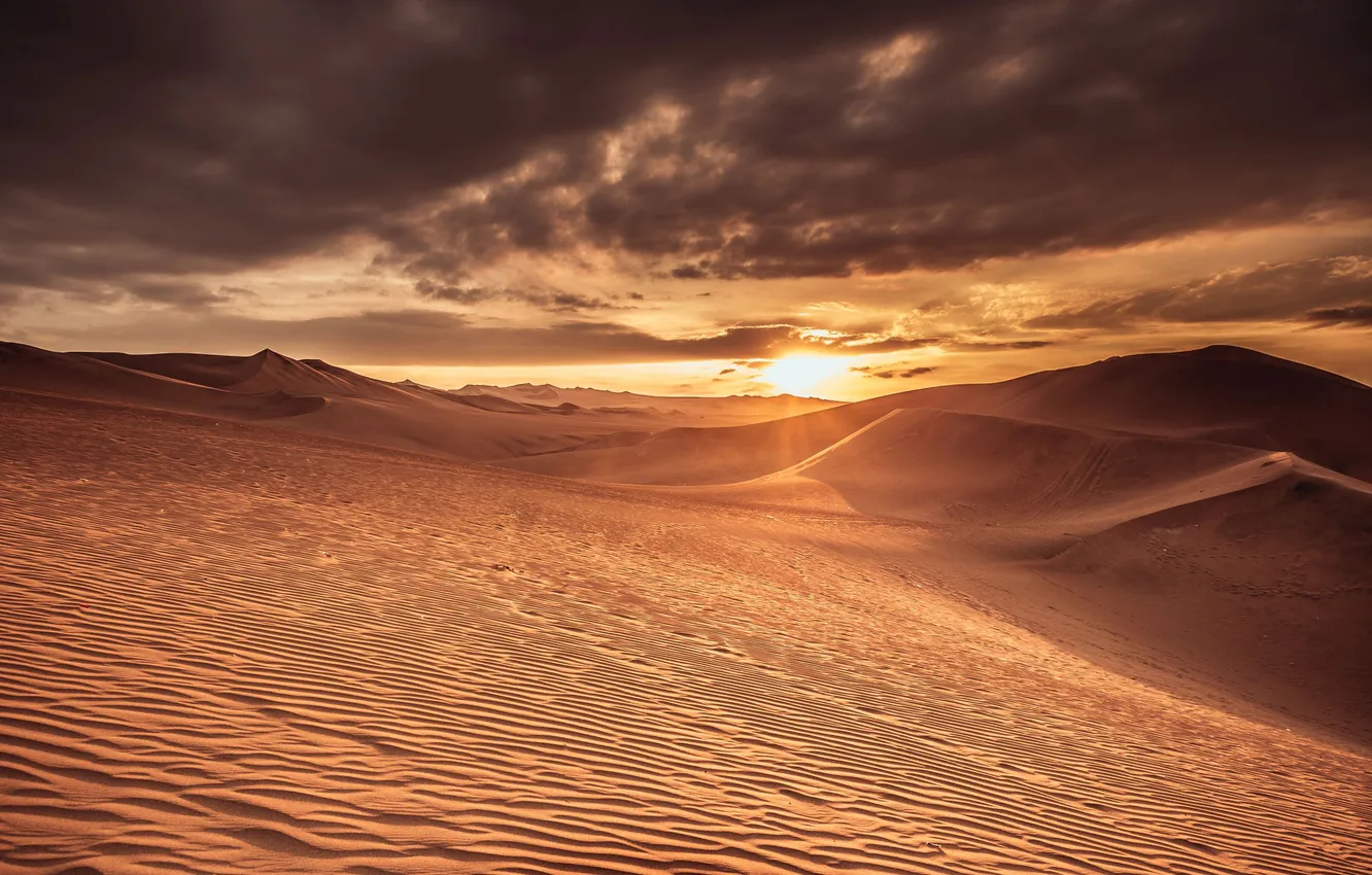 Photo wallpaper sand, the sky, the sun, clouds, landscape, sunset, nature, desert